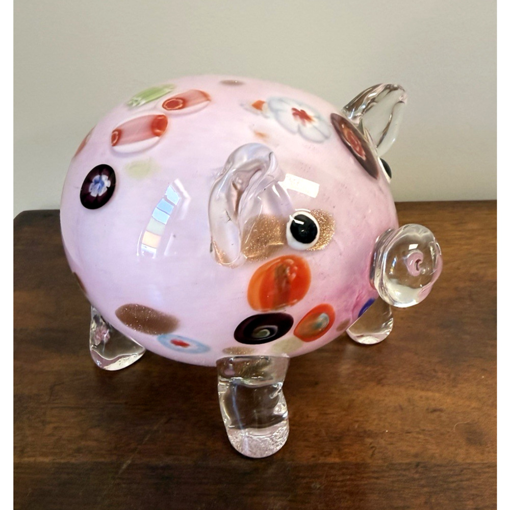 Vintage Art Glass Pig Figurine Millefiori Pink Aventurine Heavy Hand Blown 7.5"